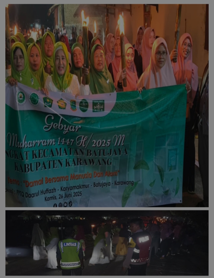 Anggota Polsek Batujaya melaksanakan Monitoring dan Pengamanan Pawai Obor Peringatan Menyambut 1 Muharram tahun 1447H